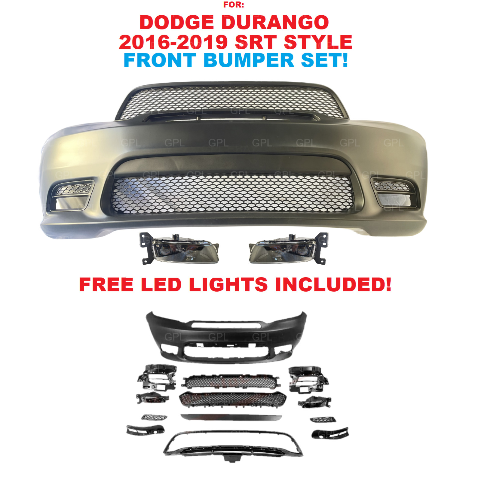 For Dodge Durango 2016-2019 SRT Style Front Bumper Cover Kit with LED Fog Lamps