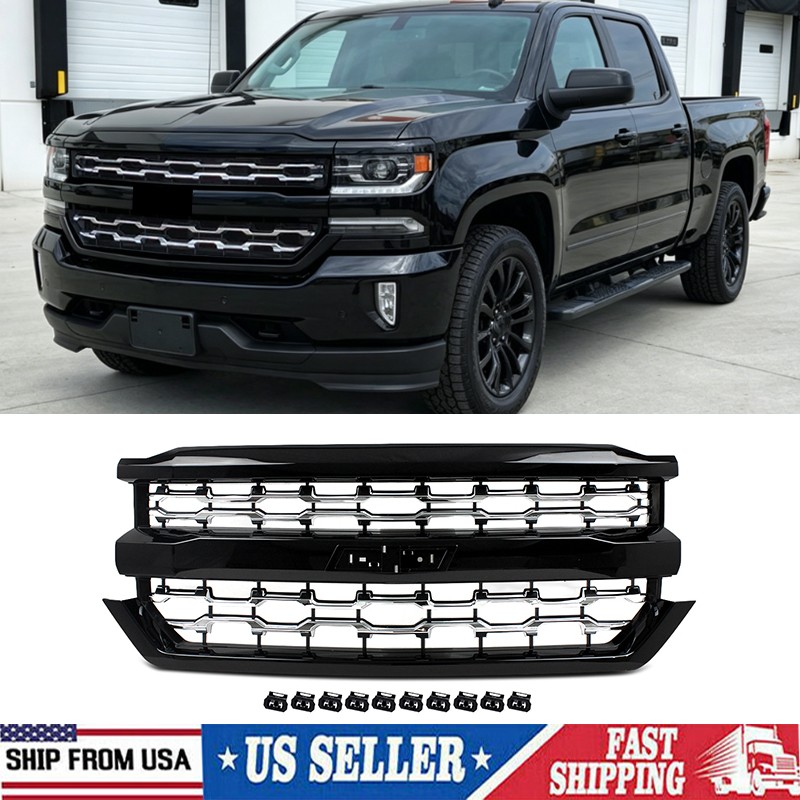 For 2016 2017 2018 Chevy Silverado 1500 Onyx Black & Chrome Front Bumper Grille