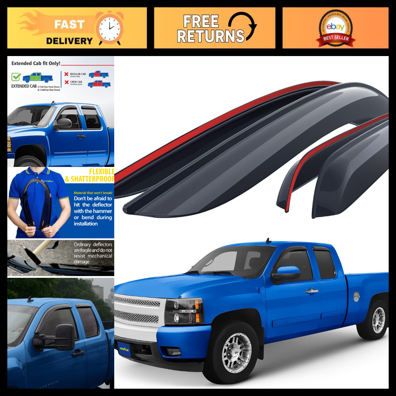 Shatterproof Window Deflectors for Trucks, Rain Guards & Visors, 2007-2013 Silve