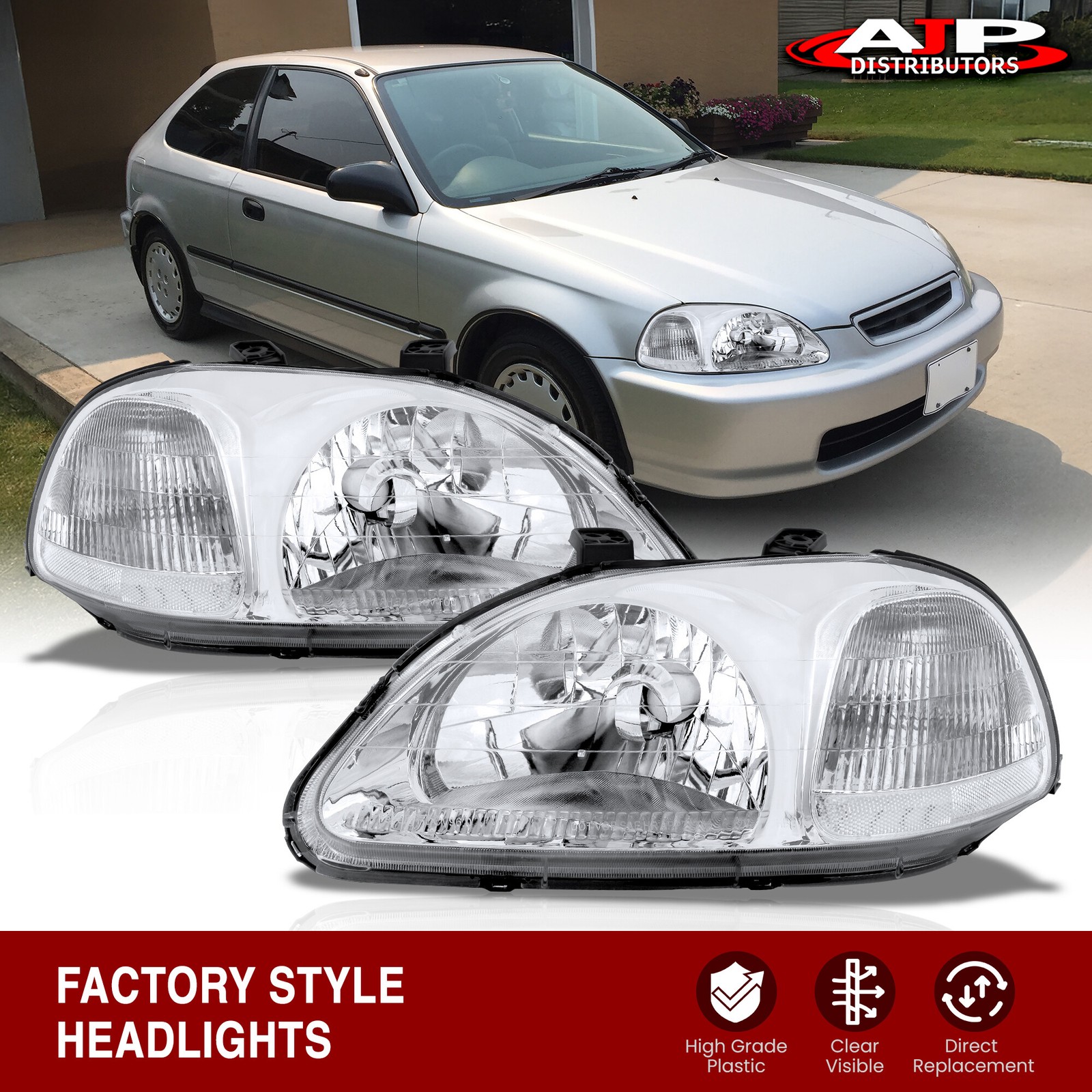 Chrome Clear OE Style JDM Replacement Head Lights Lamp For 1996-1998 Honda Civic Chrome Clear OE Style JDM Replacement Head Lights Lamp For 1996-1998 Honda Civic