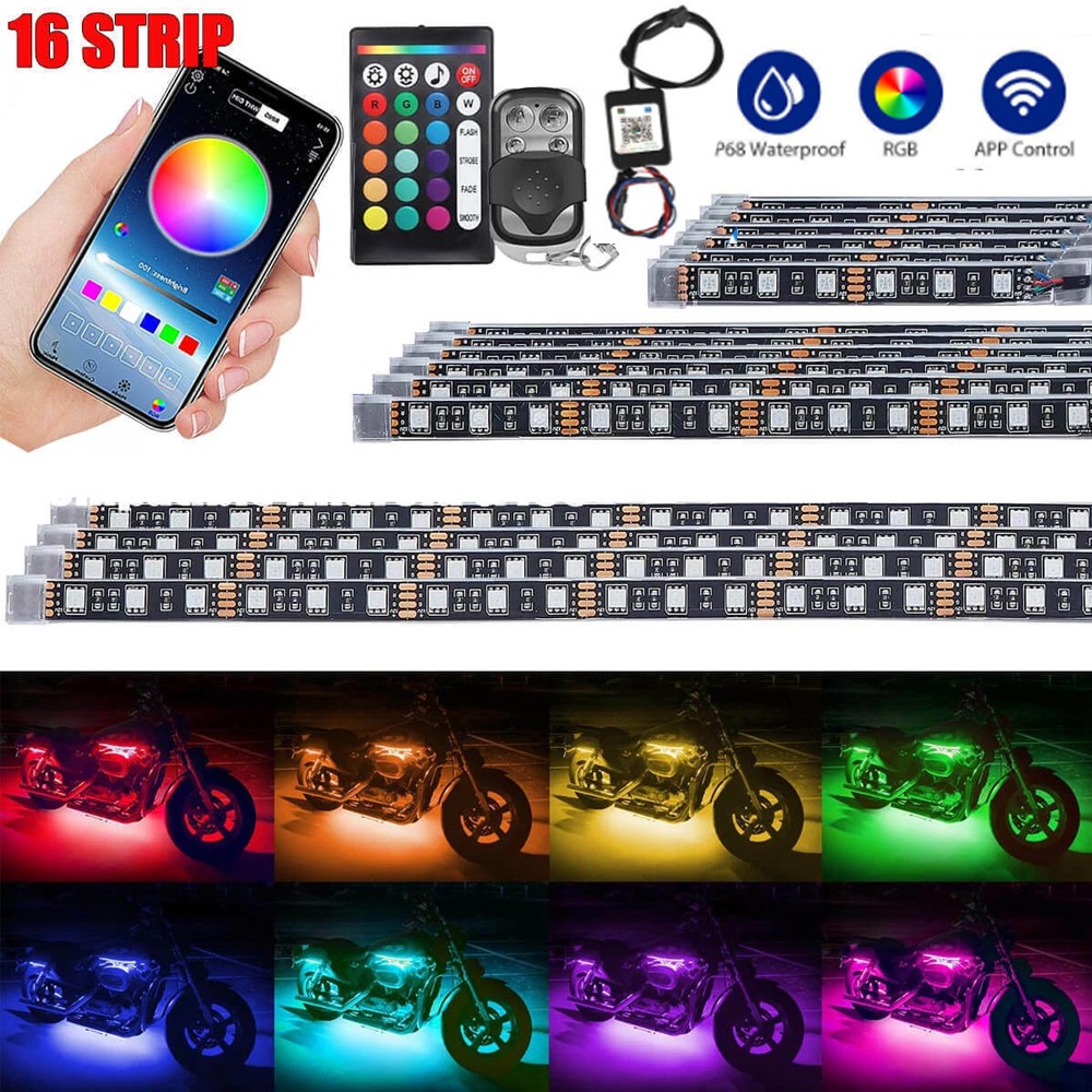 16PCS RGB Motorcycle LED Light Kit Bluetooth Under Glow Neon Strip Remote App US