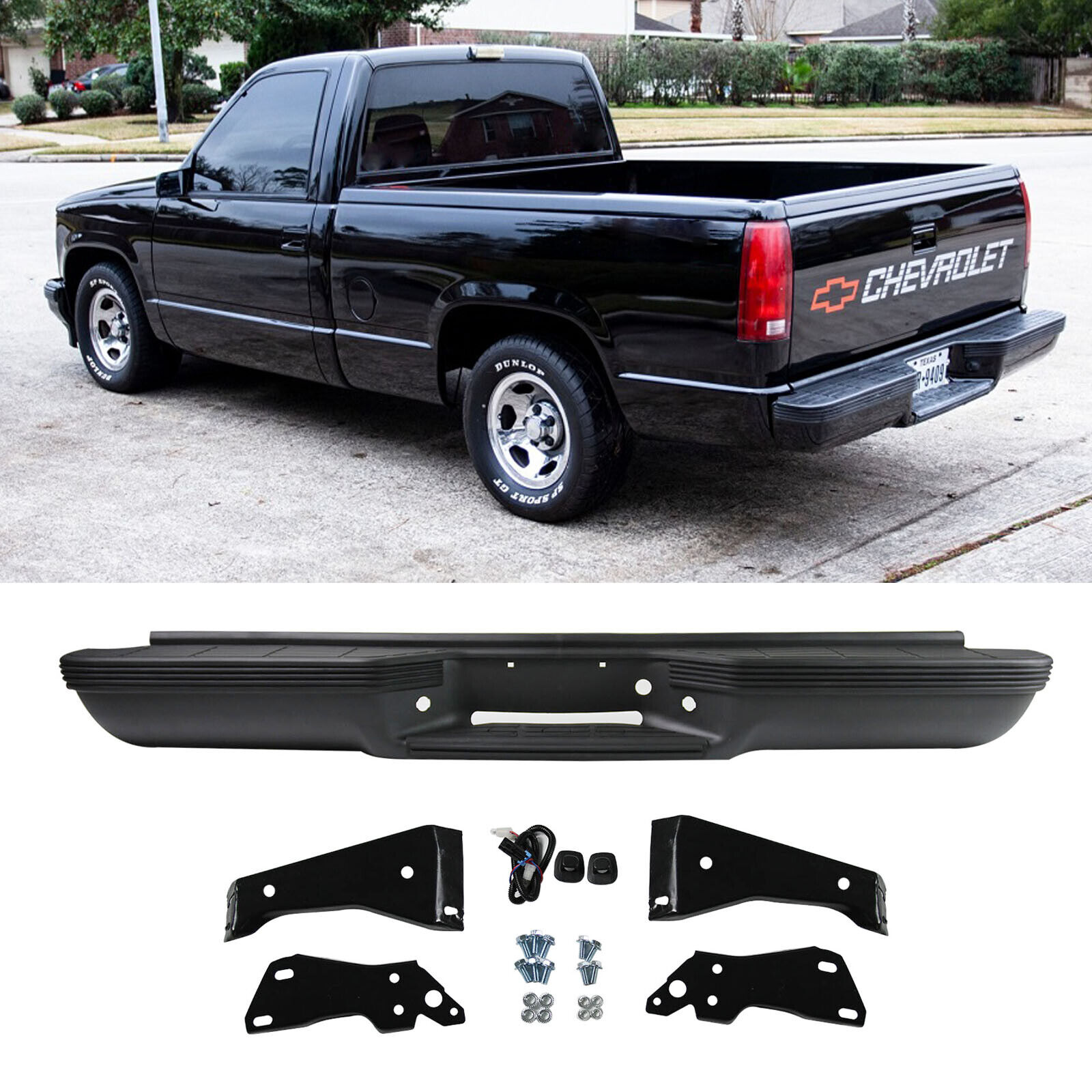 Powder-Coated Black Rear Bumper For 88-00 Chevrolet C1500 C2500 K1500 Fleetside