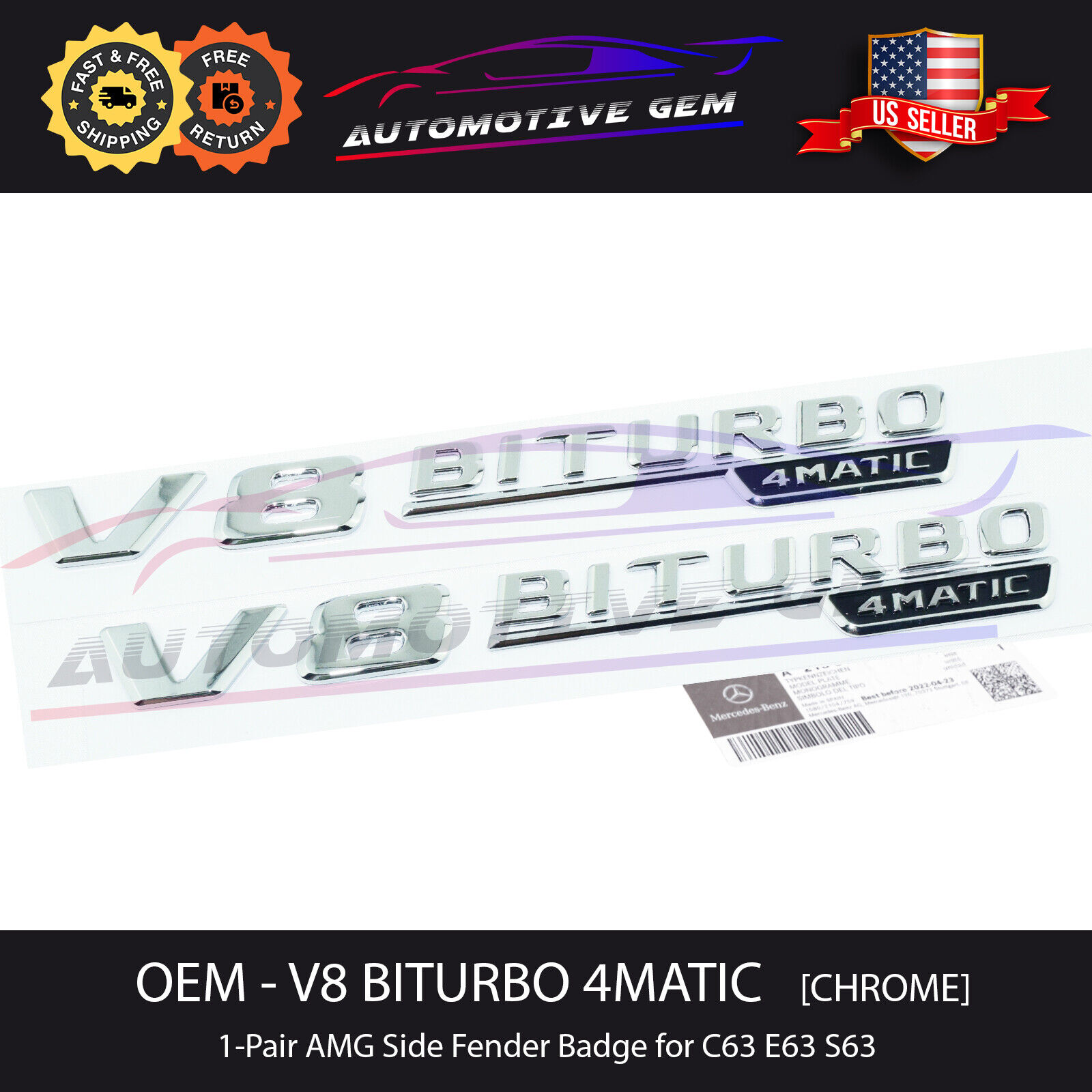 OEM V8 BITURBO 4MATIC Fender AMG Emblem Chrome Logo Badge Mercedes C63 E63 S63