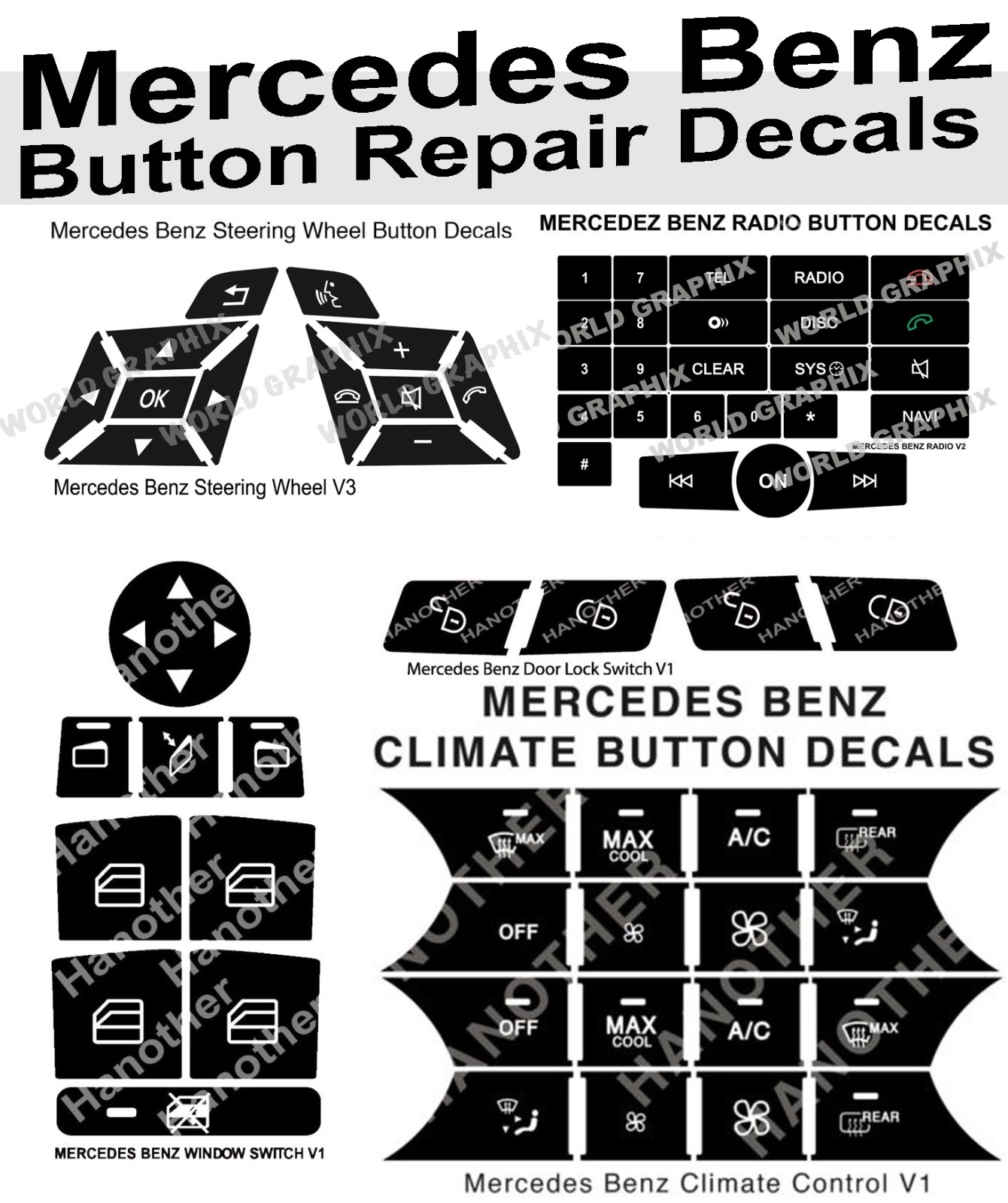 Premium Mercedes Benz Button Repair Package Steering AC Window Decals Stickers