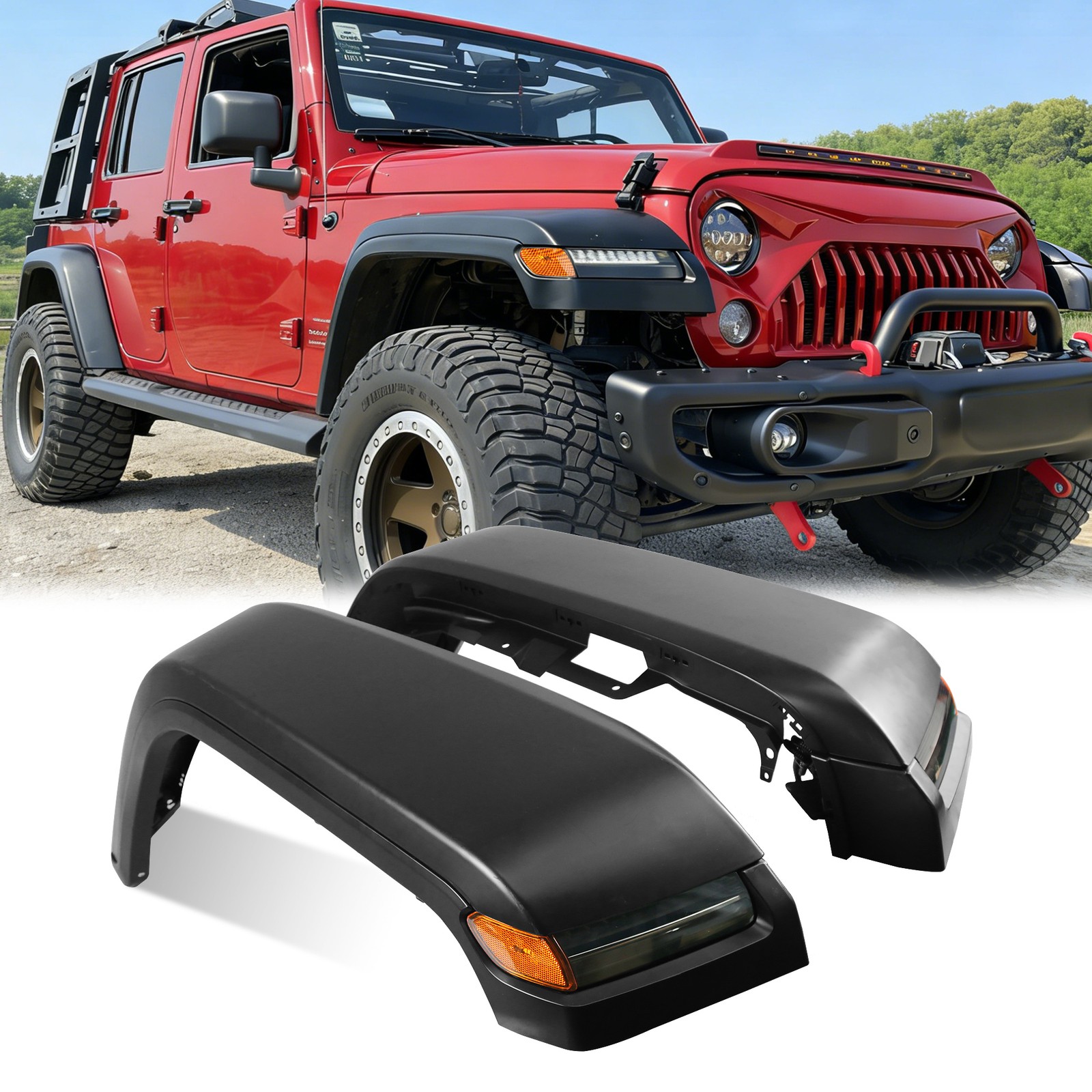 Front Fender Flares W/ Lights & Inner Well Fits 2007-2018 Jeep Wrangler JK