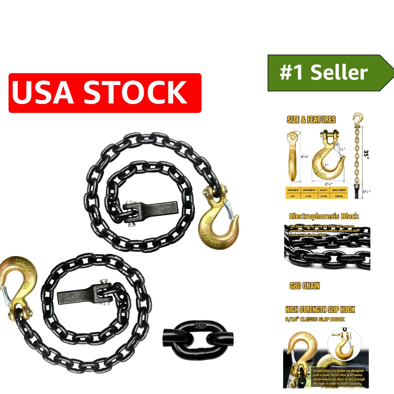 G80 Heavy Duty Trailer Chains with Clevis Slip Hook - 2 Pack, 35-Inch Length