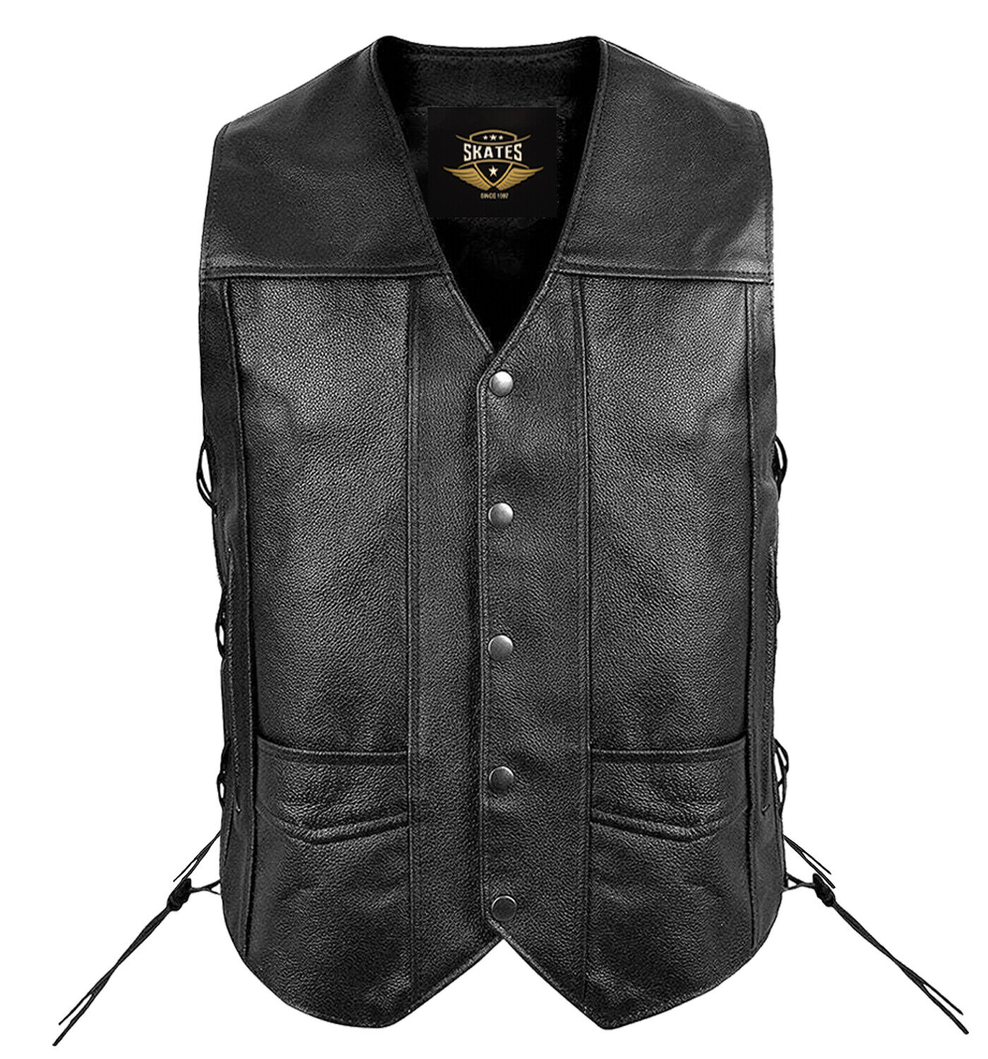 Mens Genuine Leather Motorcycle Biker Vest 10 Pockets Side Laces Black all Size