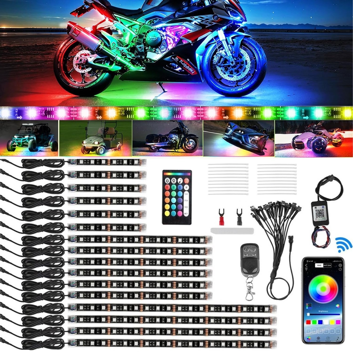 16PCS RGB Motorcycle LED Light Kit Bluetooth Under Glow Neon Strip Remote App US