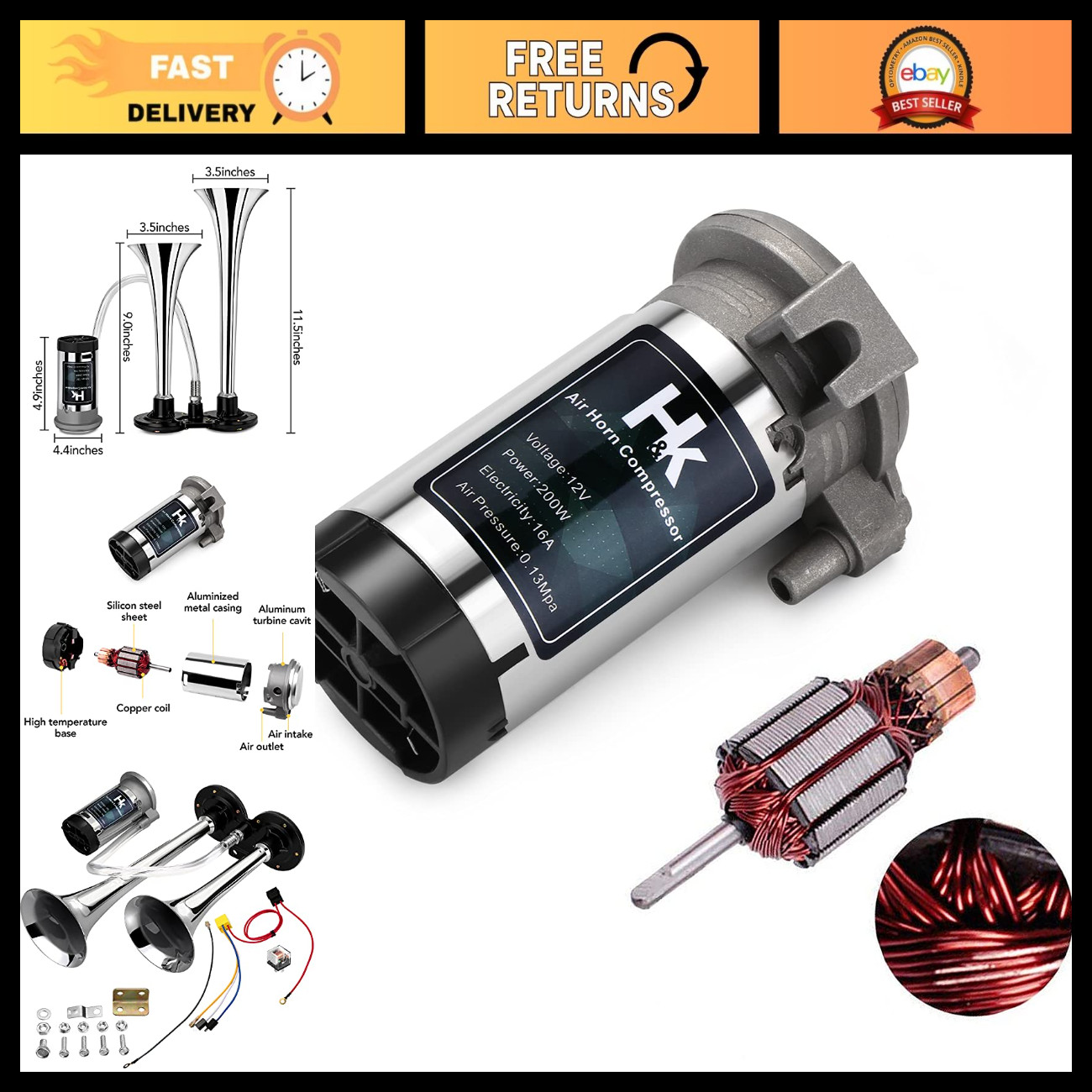 12V 150db Loud Air Compressor Pump Kit for Car Horns, Trucks, Vans, Boats - Silv 12V 150db Loud Air Compressor Pump Kit for Car Horns, Trucks, Vans, Boats - Silv