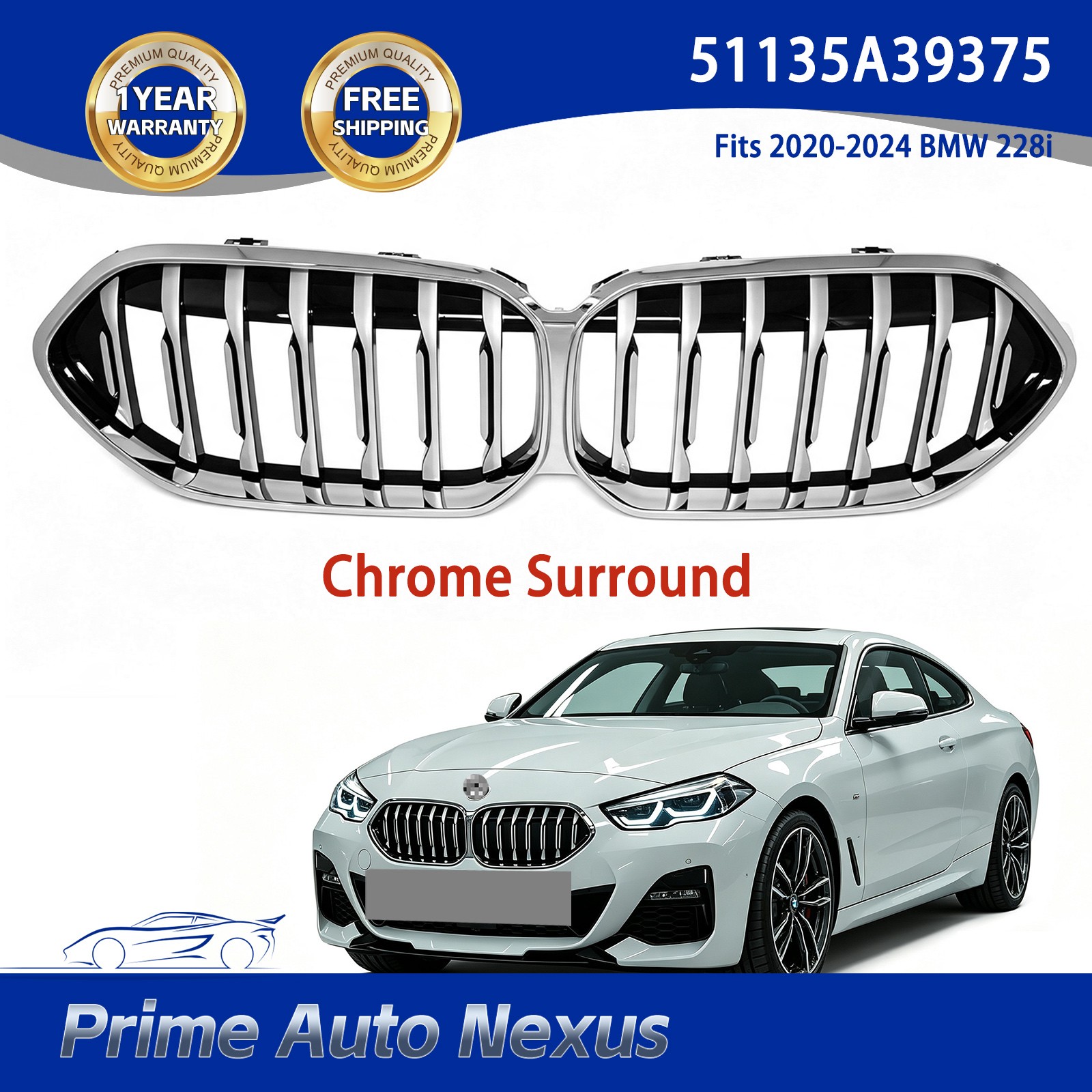 Fit 2021‑2024 BMW 228i | 2020‑2024 BMW 228i xDrive Front Bumper Grille Chrome