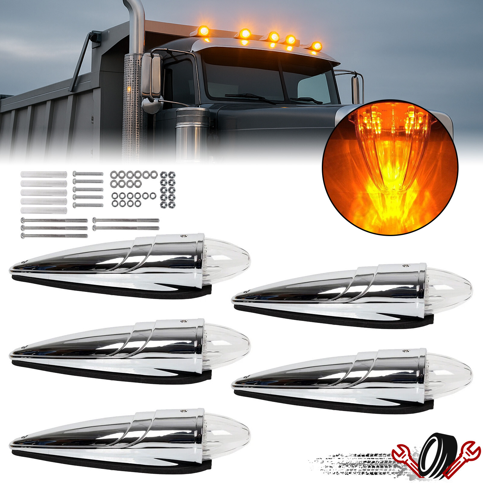 5X CLEAR AMBER TORPEDO 17 LED ROOF CAB MARKER TOP LIGHT FOR PETERBILT KENWORTH