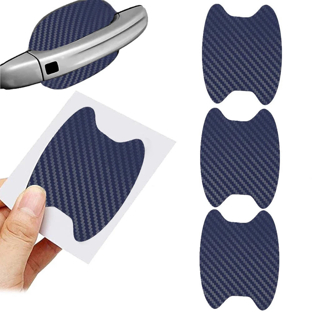 4PCS Blue Carbon Fiber Car Door Handle Anti-Scratch Protector Film Stickers