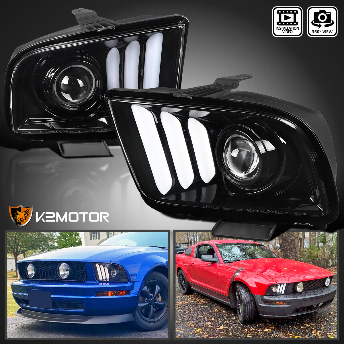 Jet Black Fits 2005-2009 Ford Mustang Projector Headlights Lamps LED Strip Tube