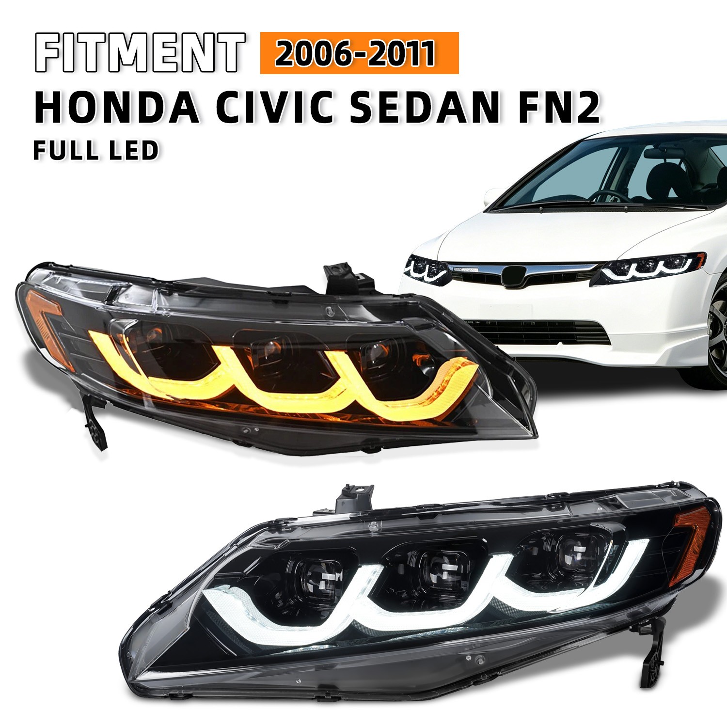 Full LED Headlights For 2006-2011 Honda Civic Sedan 4-door Sequential DRL Lamps