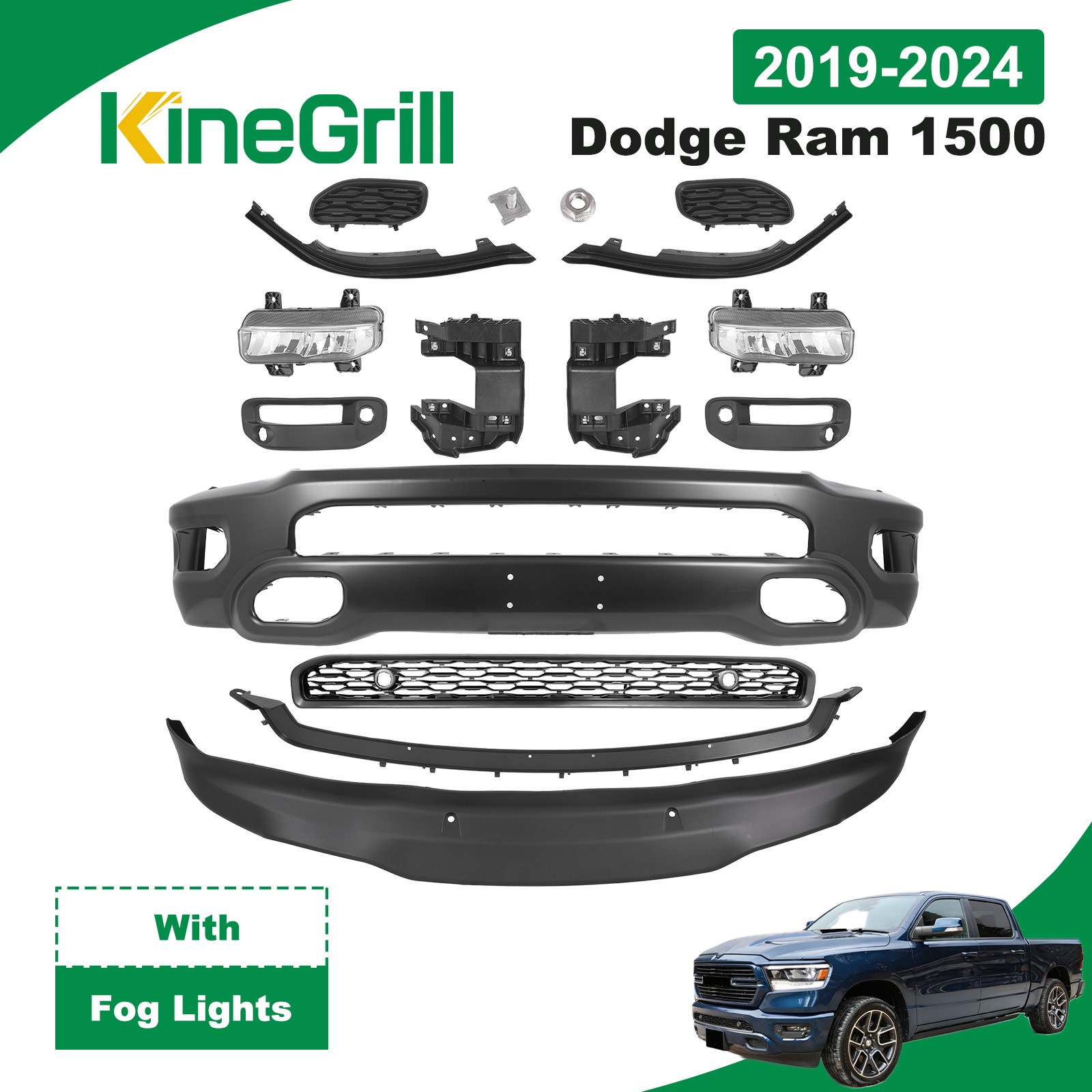 For 2019-2024 Ram 1500 Front Steel Bumper Cover Body Set w/ Grille & Fog Lights For 2019-2024 Ram 1500 Front Steel Bumper Cover Body Set w/ Grille & Fog Lights