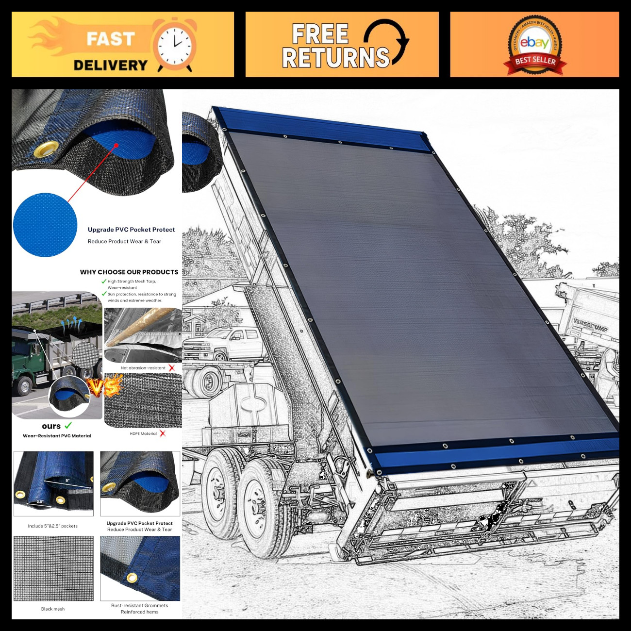 Heavy Duty Dump Trailer Tarp 7\' x 16\' - 18oz PVC Mesh for Trucks & Trailers