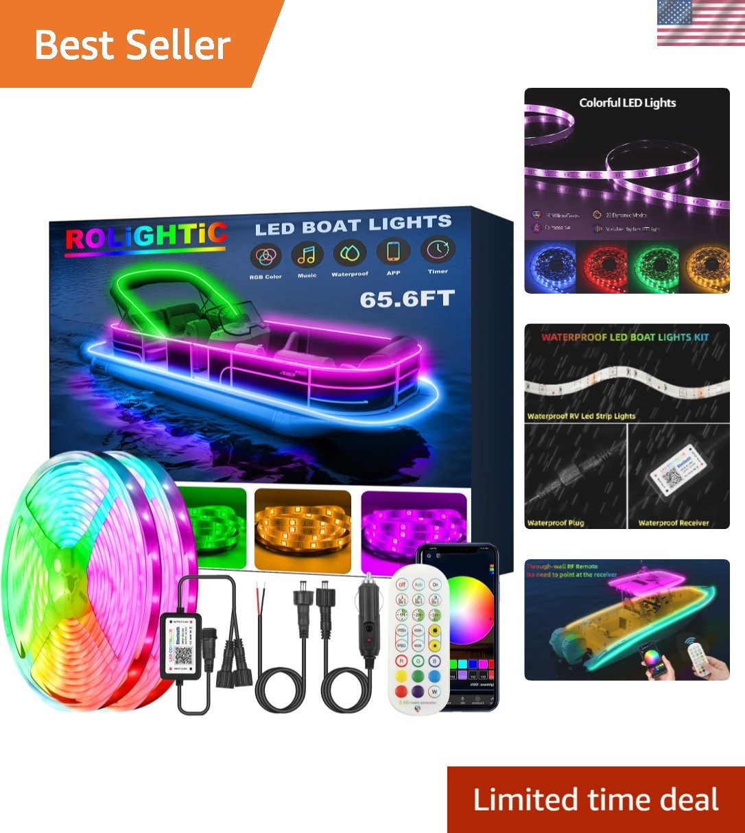 Marine-Grade 65.6FT RGB Strip Lights - App & RF Remote for Easy Control