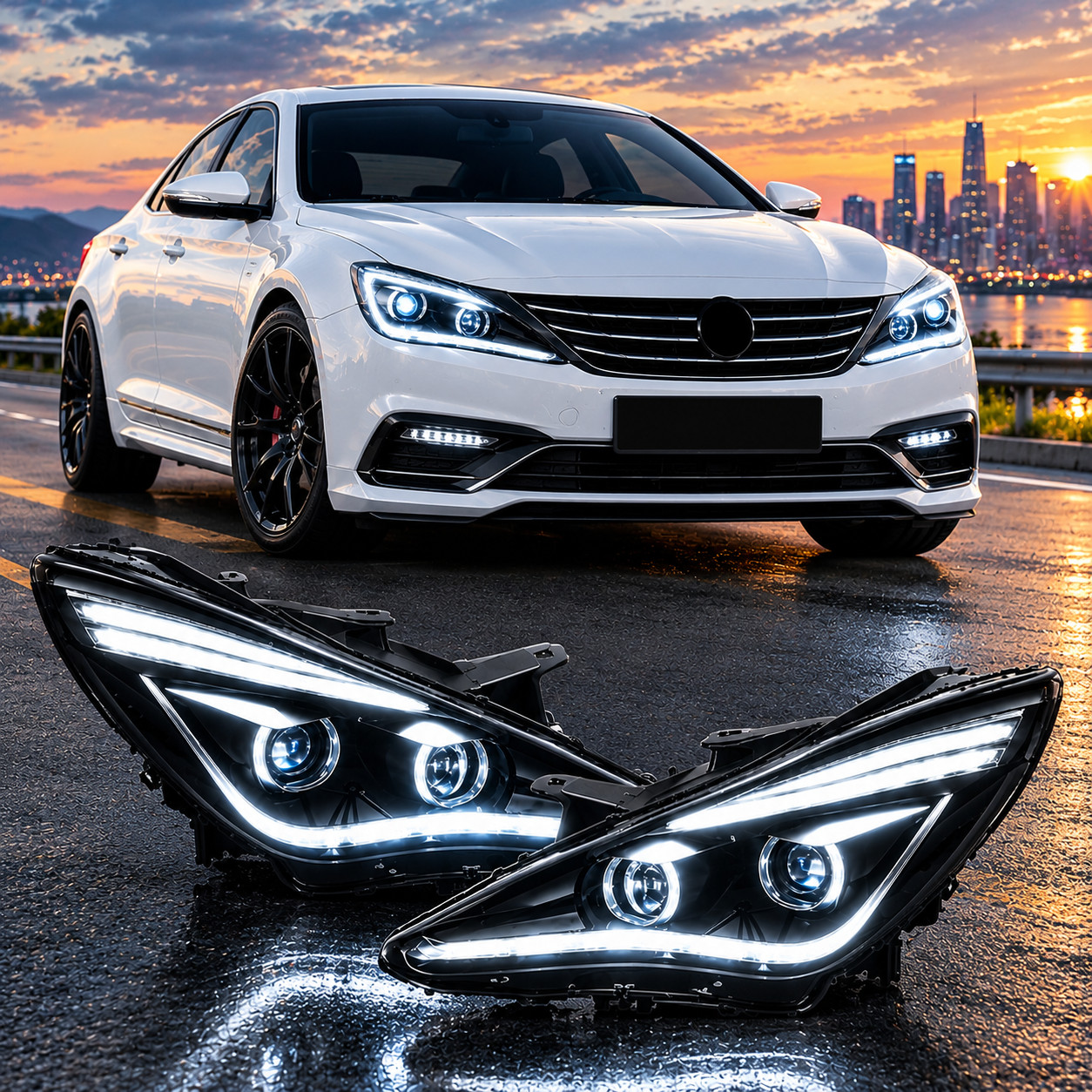Headlights Assembly For 2011-14 Hyundai Sonata Full LED Projector Sequential