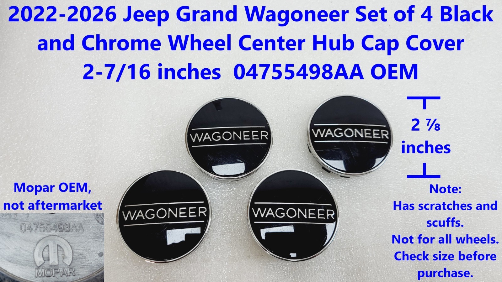 2022 -2026 Jeep Grand Wagoneer Black Wheel Center Hub Cap x4 2-7/16\