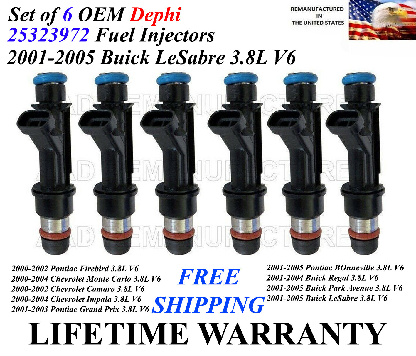 Genuine Delphi 6x Fuel Injectors For 2001-2005 Buick LeSabre Bonneville 3.8L V6