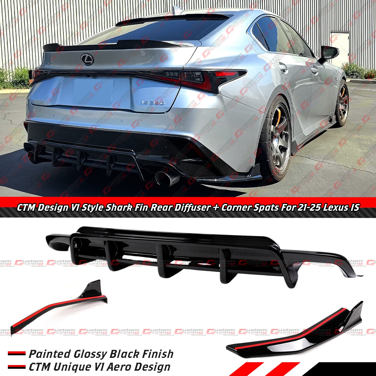For 21-26 Lexus IS300 IS350 CTM V1 Gloss Black Rear Diffuser + Corner Extensions For 21-26 Lexus IS300 IS350 CTM V1 Gloss Black Rear Diffuser + Corner Extensions