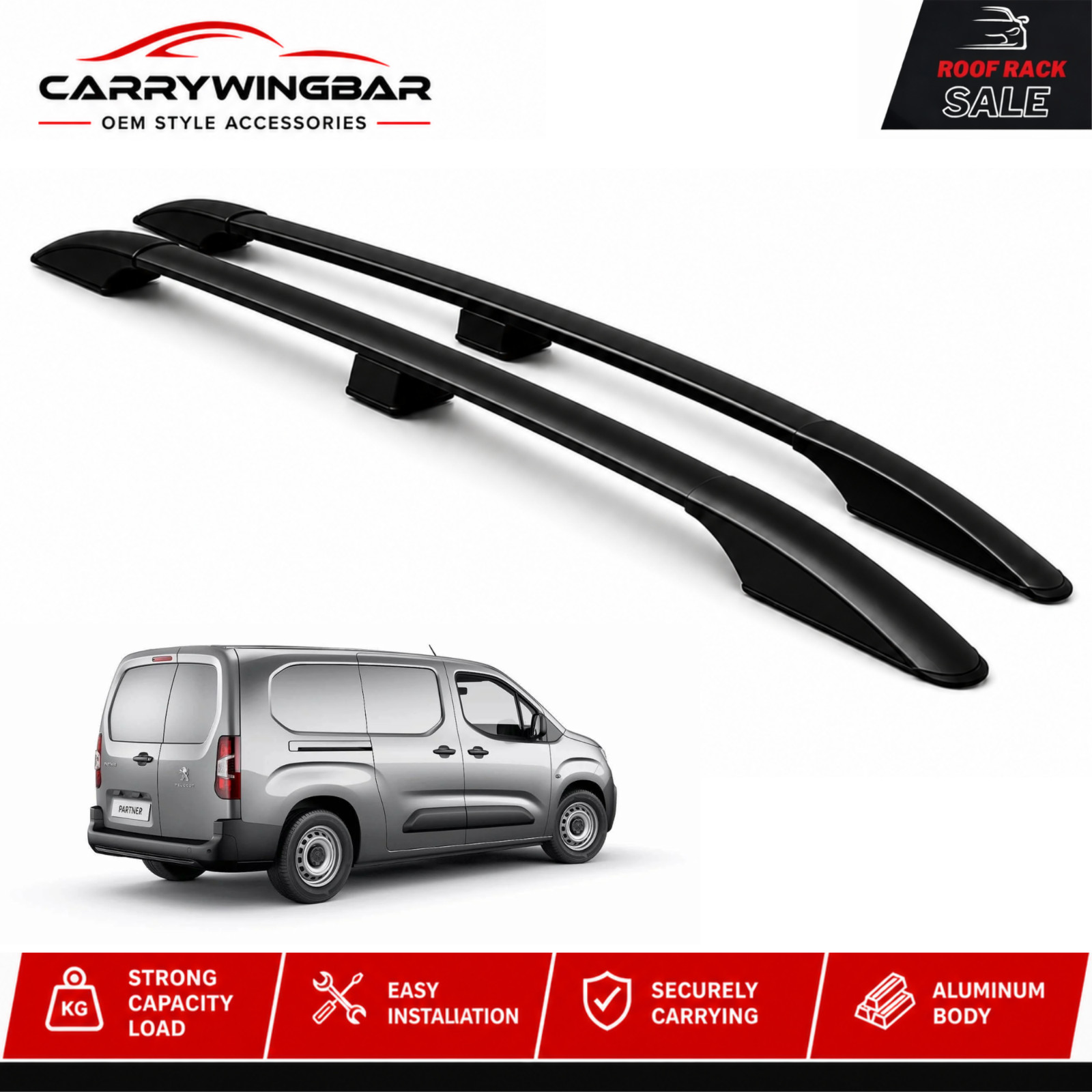 Roof Side Rails For Peugeot Partner LWB L2 2019-2026 Aluminum Black Color