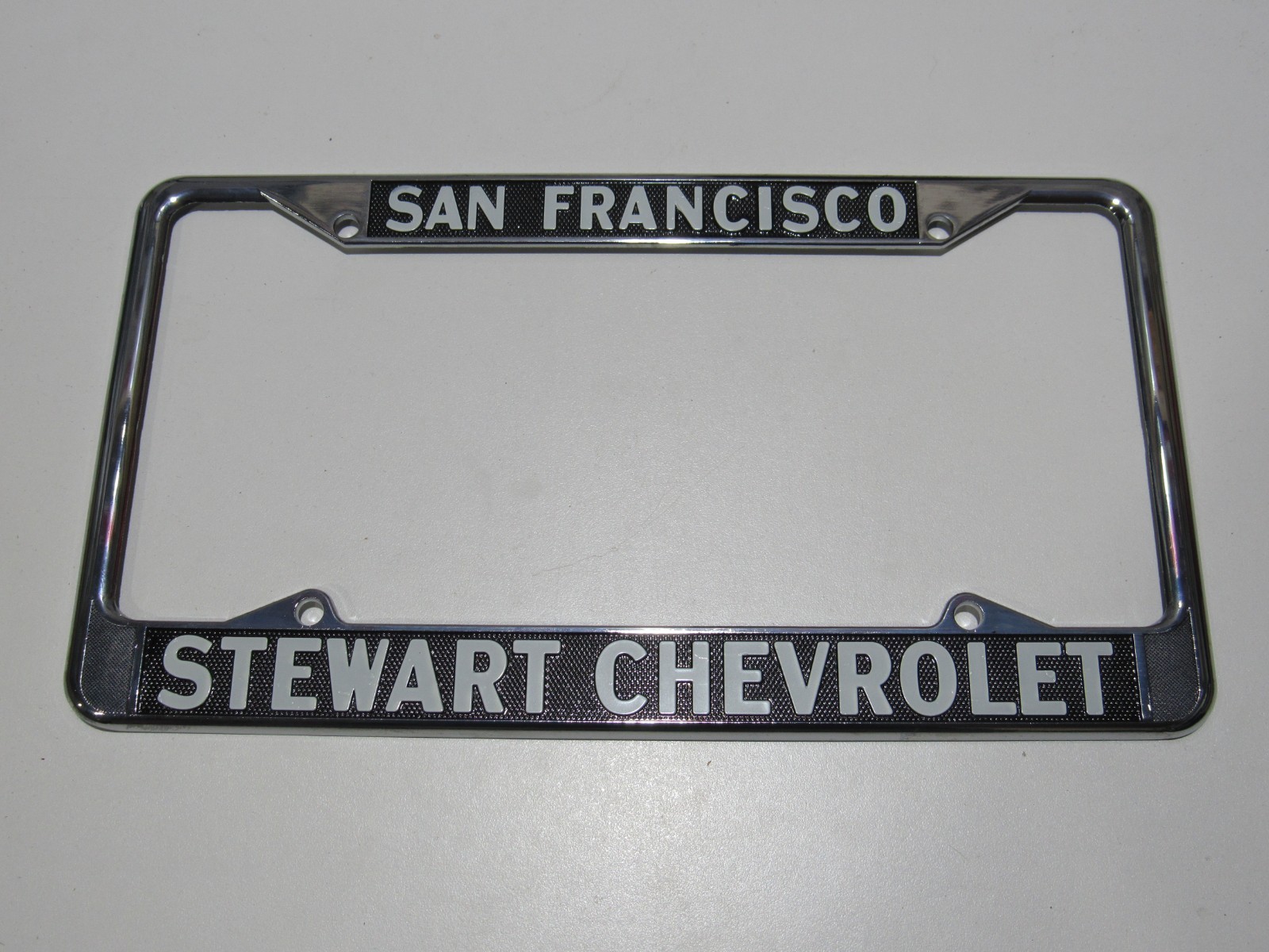 VTG Stewart Chevrolet San Francisco CA Metal License Plate Frame Tag Holder Oil VTG Stewart Chevrolet San Francisco CA Metal License Plate Frame Tag Holder Oil
