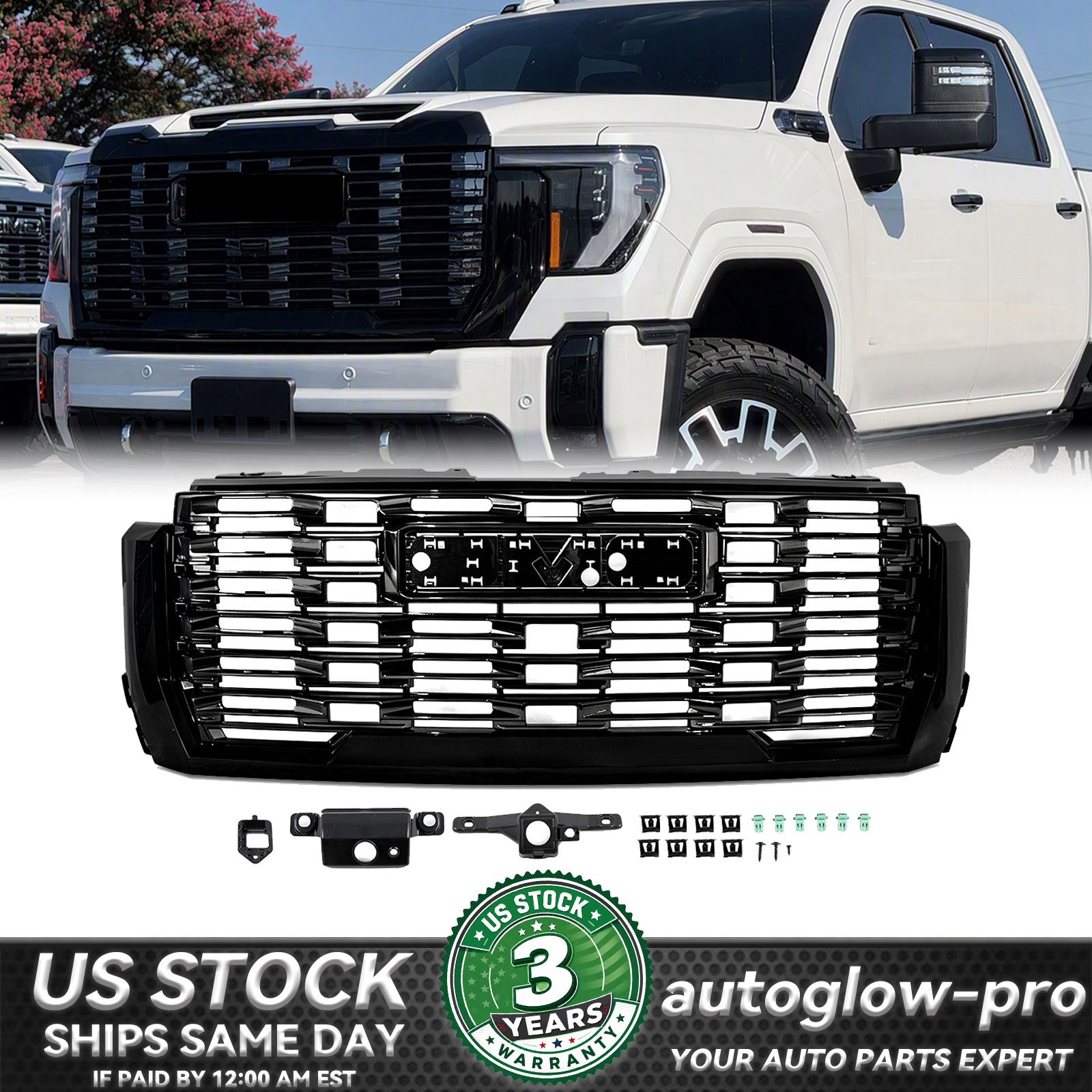 For 2024-2026 GMC Sierra 2500 HD 3500 HD Gloss Black Front Bumper Grille Grill