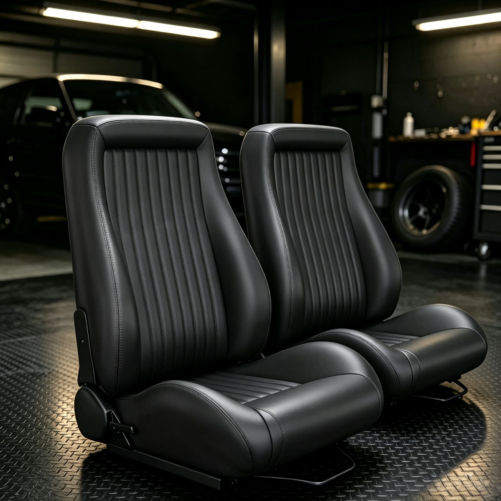 1 Pair PVC OBS Style Car Seats w Dual Sliders Reclinable Low Back Bucket Seats 1 Pair PVC OBS Style Car Seats w Dual Sliders Reclinable Low Back Bucket Seats