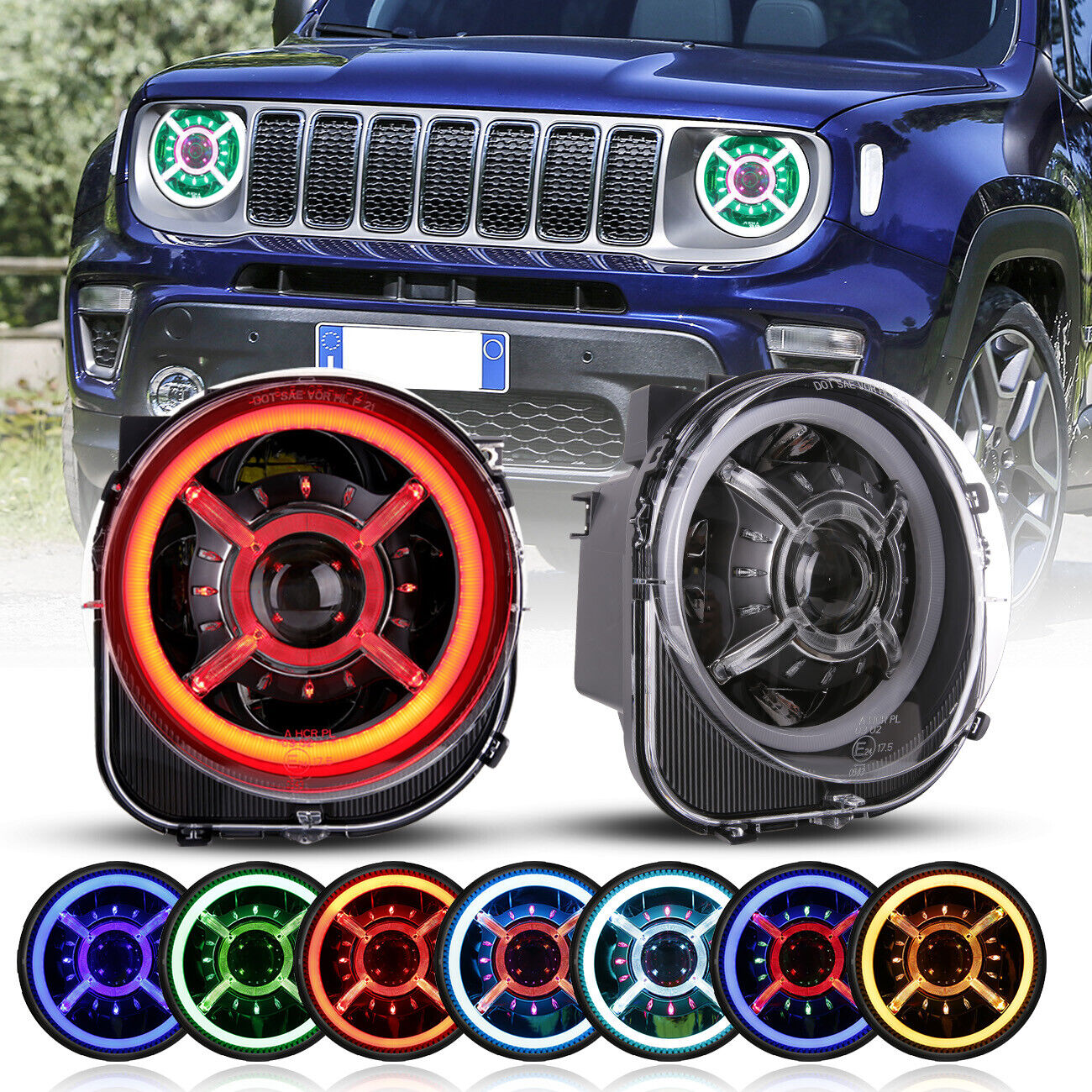 9'' Inch LED headlights RGB Color DRL Halo Angel Eyes For 2015-21 Jeep Renegade