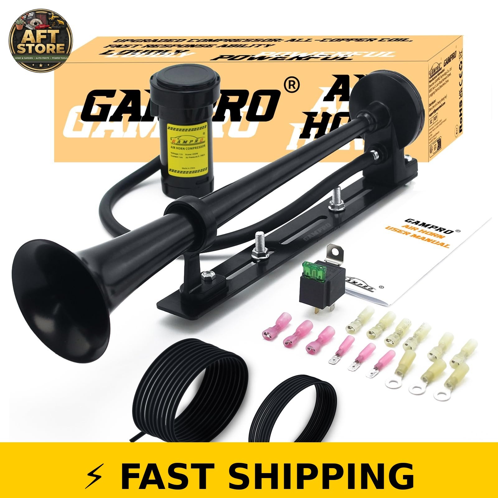 GAMPRO 12V 150DB Truck Air Horn Kit, Chrome Trumpet & Compressor
