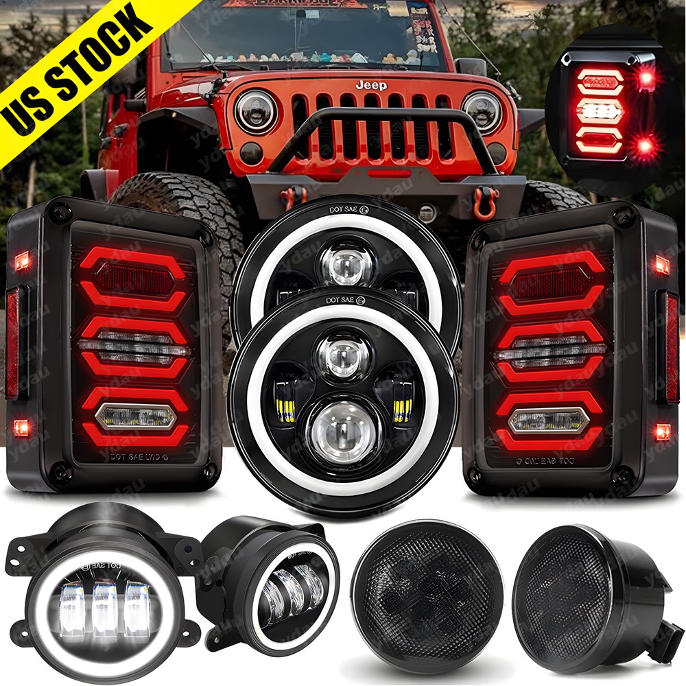 8PCS Combo 7\'\' Headlights Smoked Tail Lights Turn + Fog For Jeep Wrangler JK 07+