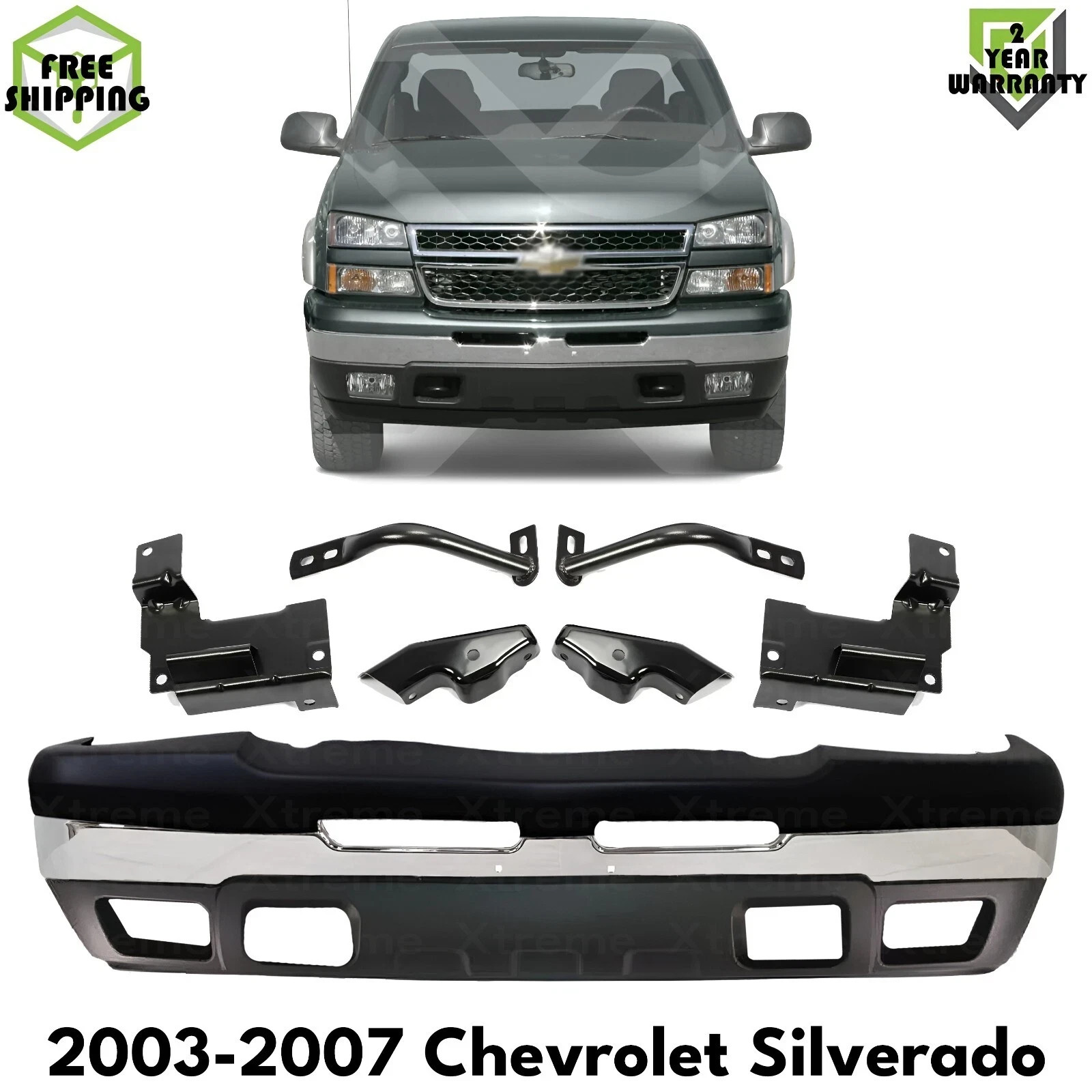 Front Bumper Chrome & Brackets Kit For 2003-2007 Chevrolet Silverado 1500 2500