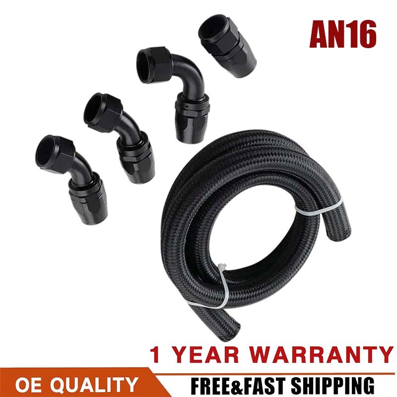 Black AN16 16AN AN-16 Hose Fuel line rubber Nylon braided fuel hoses 90° Safe