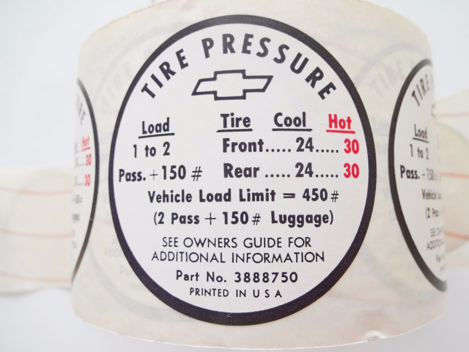 NOS 1966 CORVETTE OLDER STYLE GLOVE BOX TIRE PRESSURE DECAL STICKER CHECK PICS