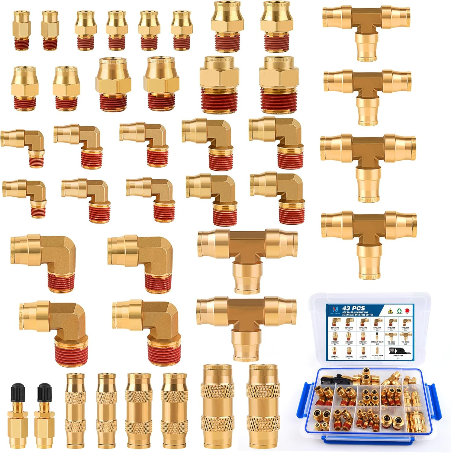 MICTUNING 43 PCS Brass DOT Air Brake Line Fittings Assortment Kit,1/4\