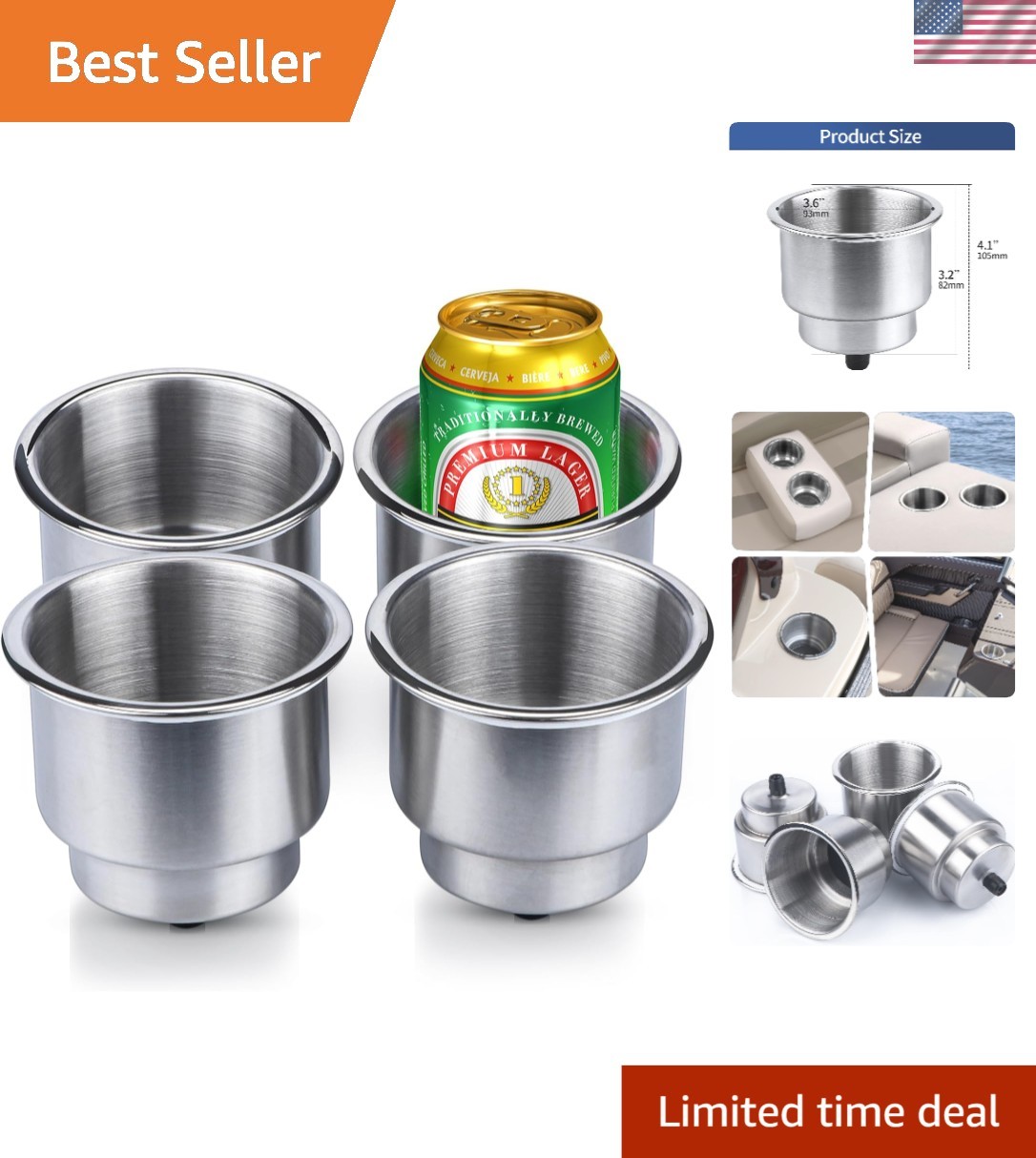 Versatile Stainless Steel Drink Holder with Drain for Easy Installation Anywhere