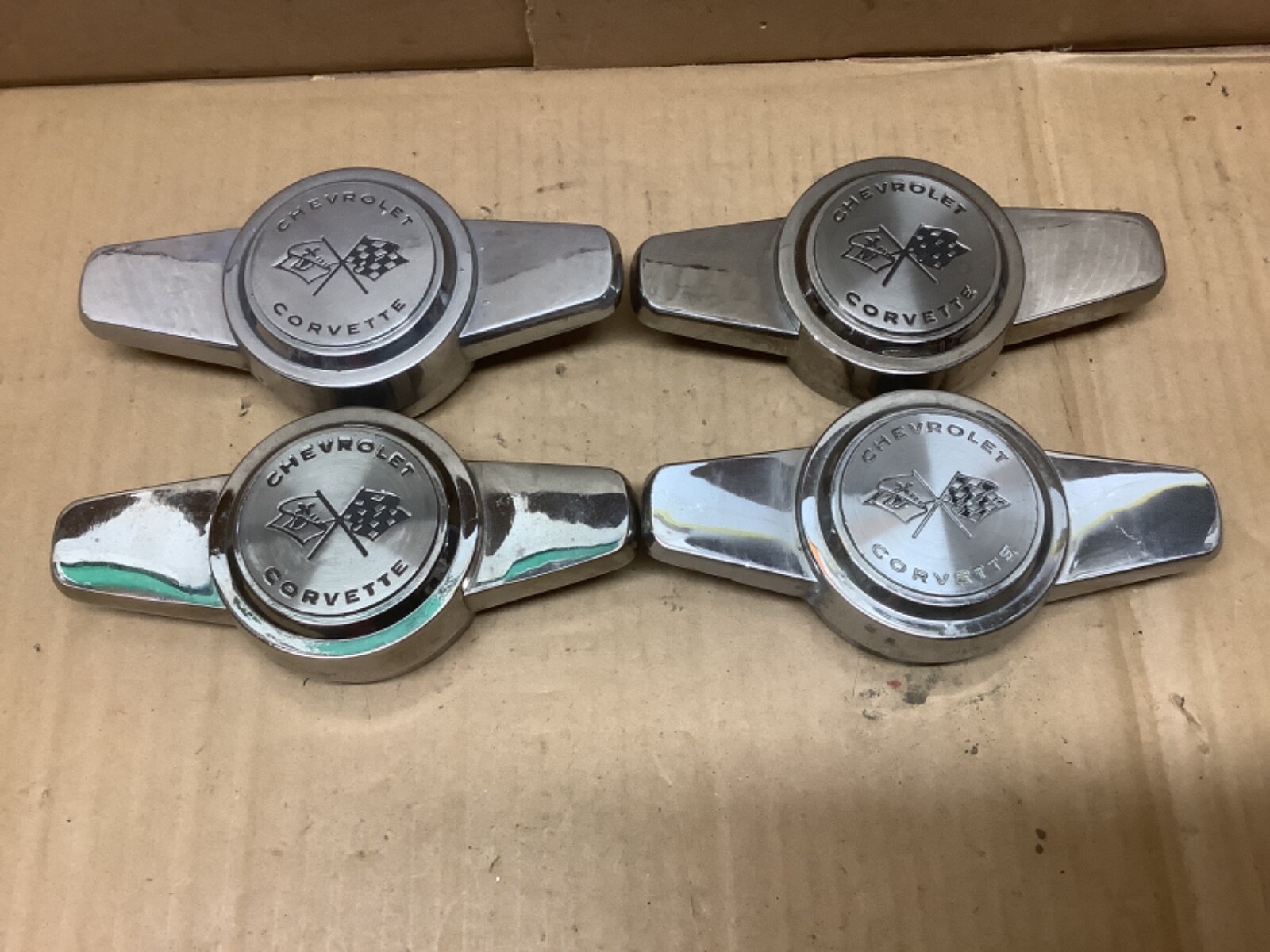 Vintage 1956-1962 Chevy CORVETTE 2 Spoke Wheel Center Caps 3725239 SET OF 4 c Vintage 1956-1962 Chevy CORVETTE 2 Spoke Wheel Center Caps 3725239 SET OF 4 c
