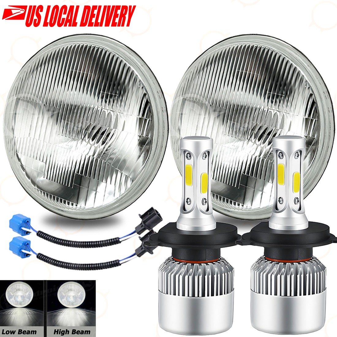 7 Inch led GLASS Headlight Round, ORIGINAL CLASSIC LOOK Conversion Chrome pair