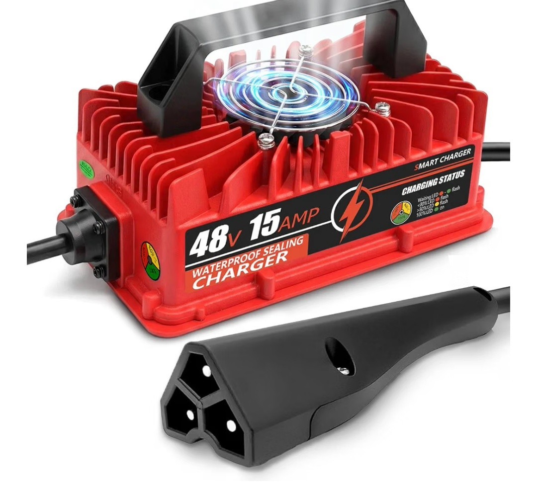 48V 15A Smart Golf Cart Battery Charger for EZGO RXV & TXT (3-Pin Triangle Plug)
