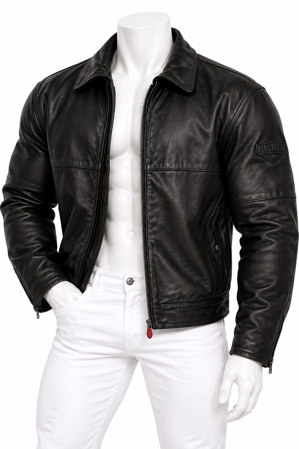 FirstGear Men’s XL Black Leather Motorcycle Jacket Full Zip Biker Riding