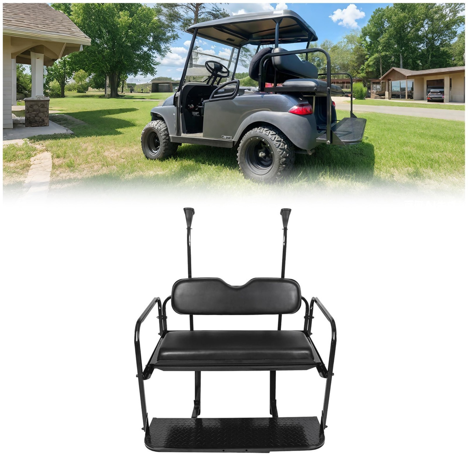 KUAFU Golf Cart Flip Folding Back Seat Kit Rear Black Seat Compatible with2004Up