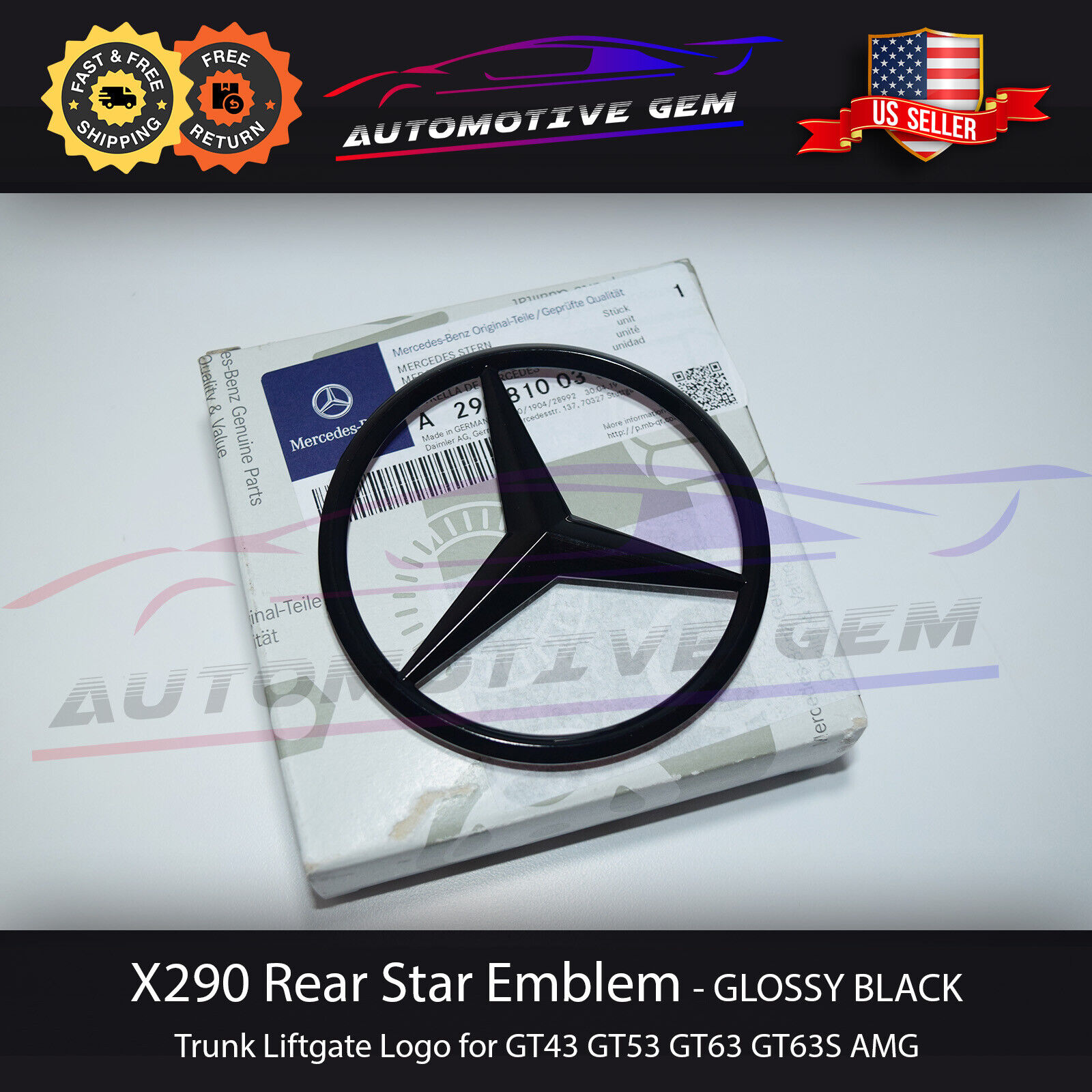 X290 GT63S GT53 GT43 AMG Trunk Star Emblem GLOSS BLACK Rear Logo Badge Mercedes