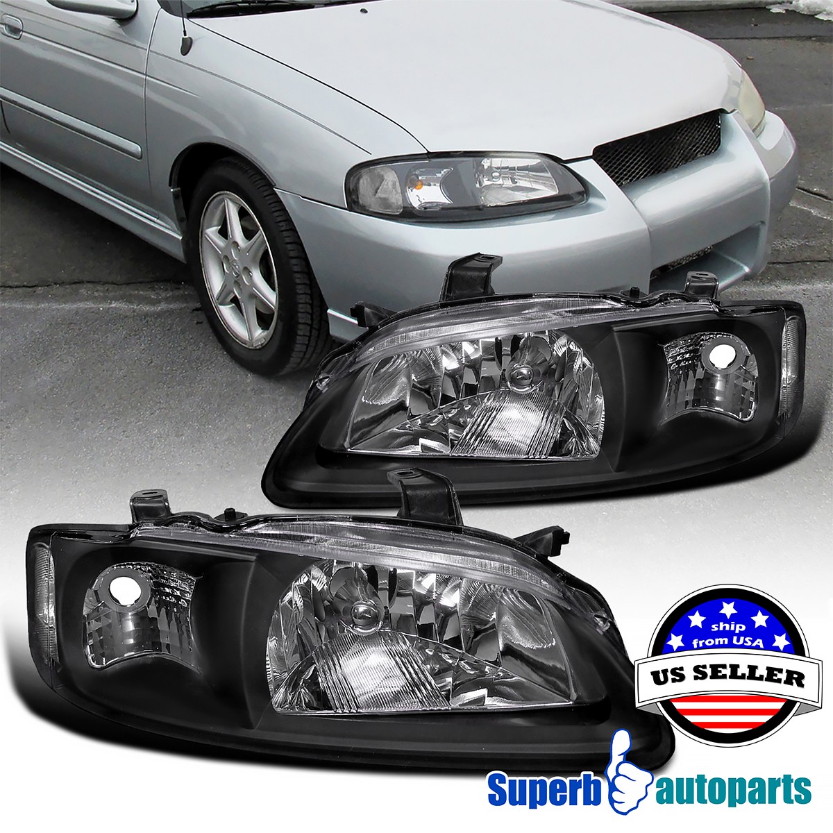 Fit 2000-2003 Sentra Diamond Headlights Head Lamps Black Lamp Replacement