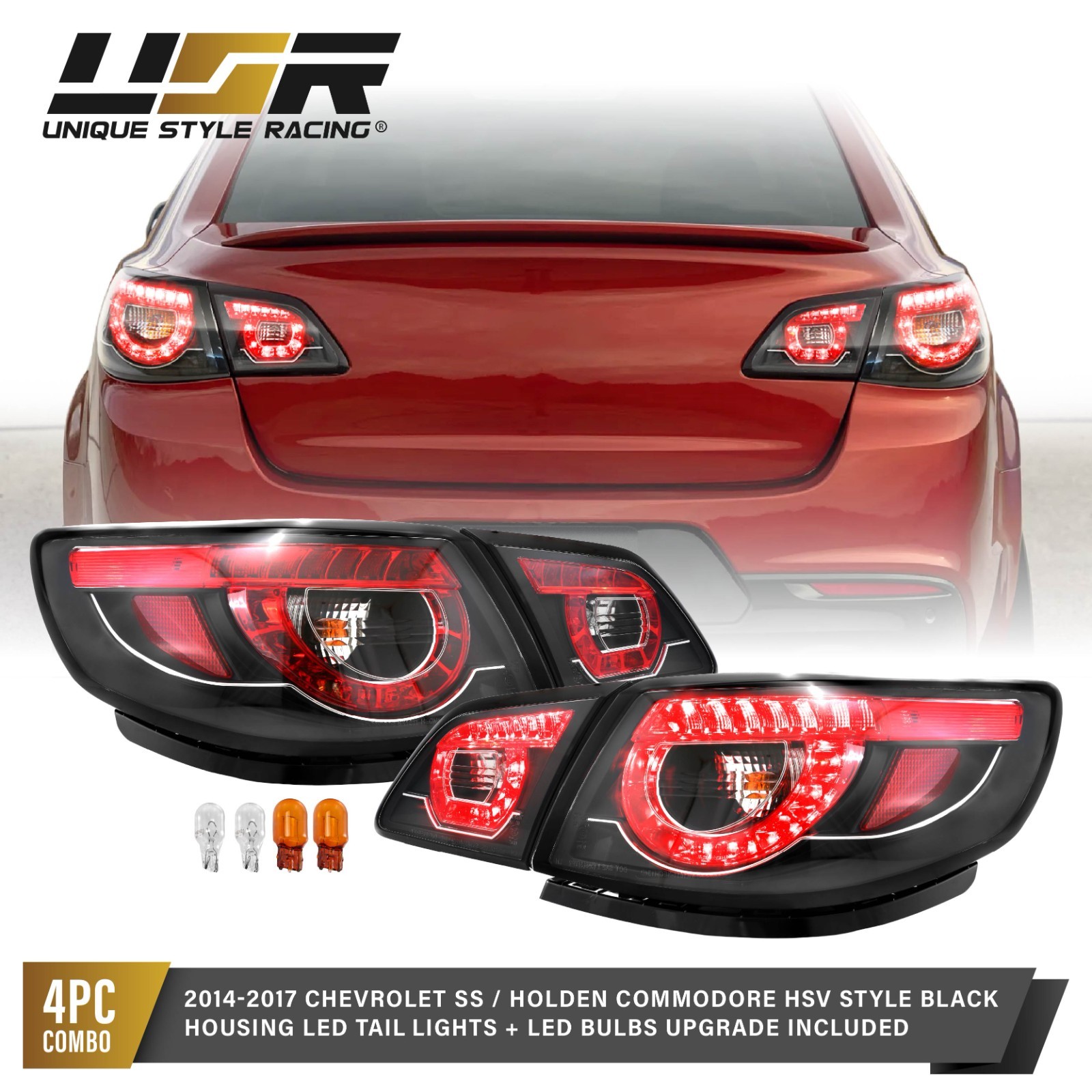 BLK Housing RED LED OE Holden Commodore Style Tail Light 4pc For 14-17 Chevy SS BLK Housing RED LED OE Holden Commodore Style Tail Light 4pc For 14-17 Chevy SS