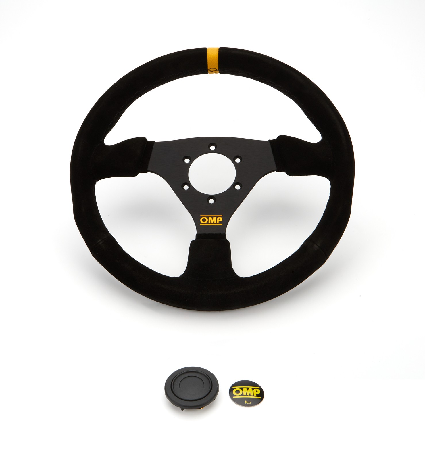 OMP Targa Steering Wheel 330 mm Diameter Flat 3-Spoke Black Suede Yellow Stripe