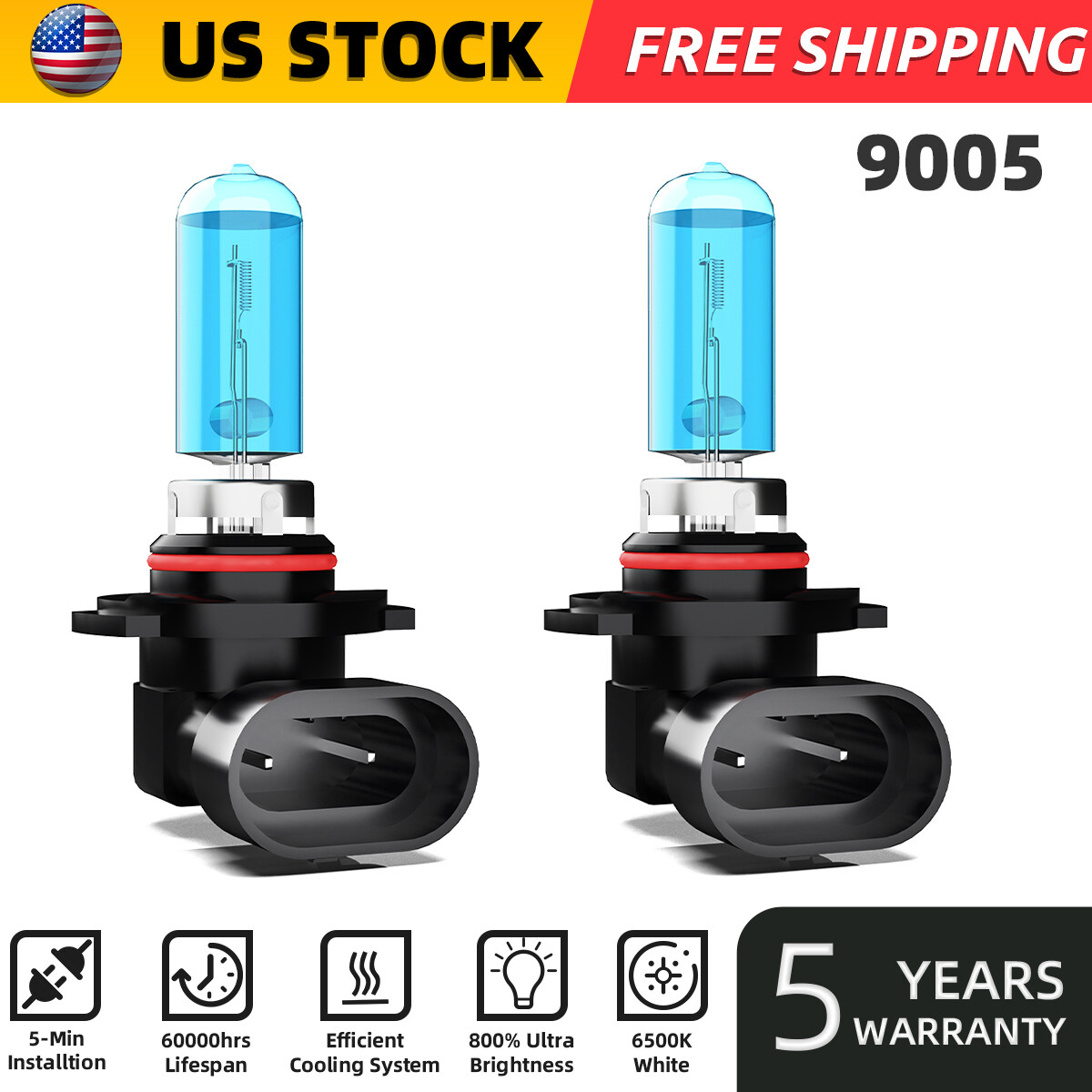 9005 HB3 Halogen Headlight Super Bright Bulbs Kit White 6000K High/Low Beam 2PCS