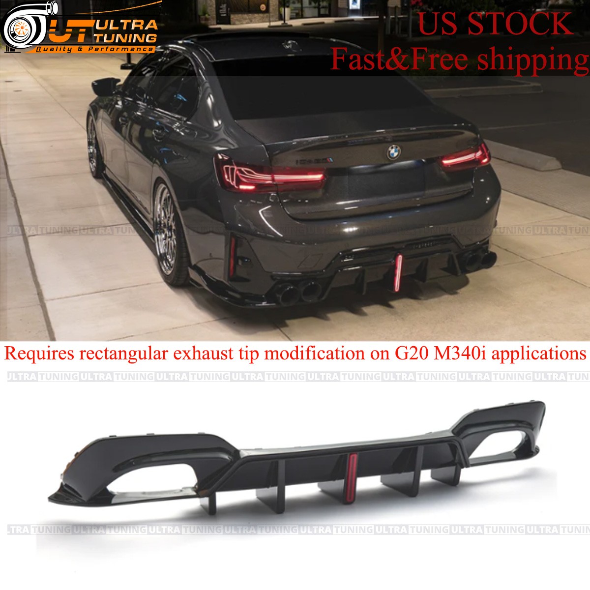 For 2019-2022 BMW 3-Series 330i M340i G20 M Sport Rear Diffuser LED