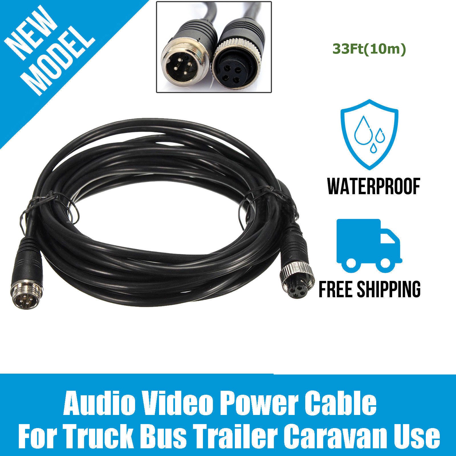 33FT Car TRUCK 4pin Rear View Reverse Camera Video Cable Extension Cord US