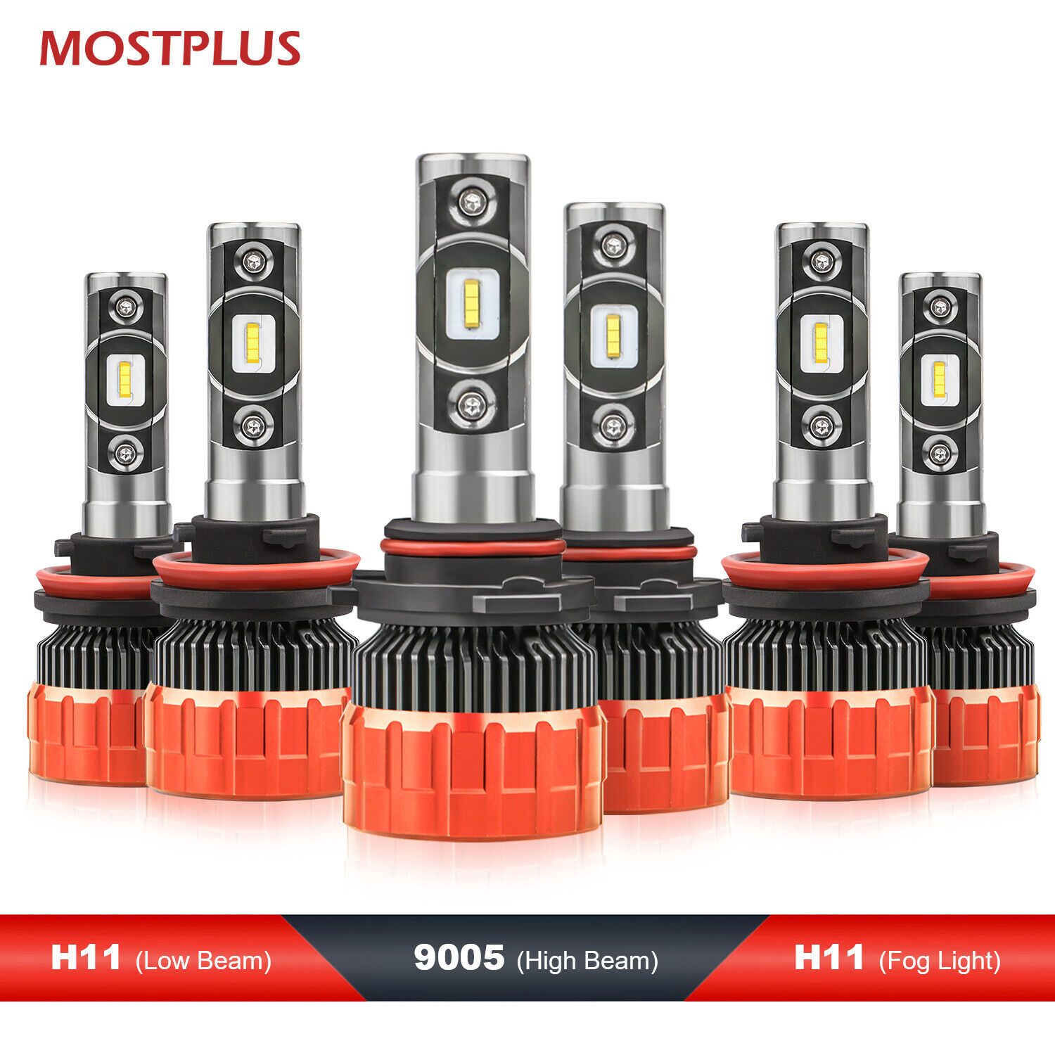 9005+H11+H11 MOSTPLUS Focused LED Headlight Hi/Lo Beams+Fog Light  White Color